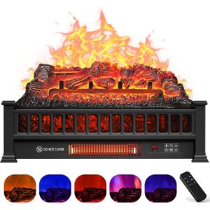 Electric Fireplace Logs Inserts Heater 23-Inch, Remote Controller Fireplace Heater, Adjustable Flame Colors, Realistic Fake firewood Flame, Overheat Protection, Timer, Thermostat, 1500W Black