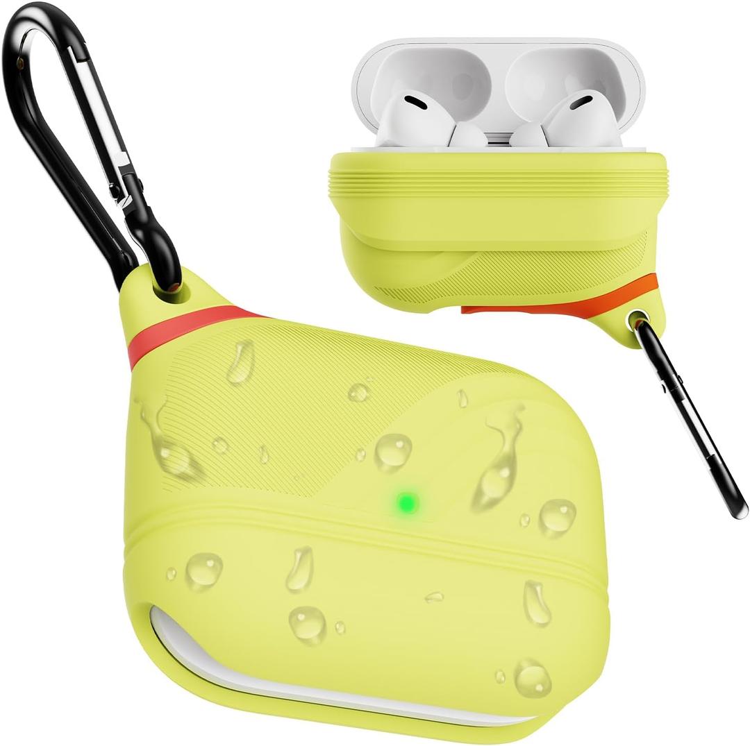 For AirPods Pro 3 Case Silicone - Waterproof, Shockproof, Drop Protection, Textured Design, Wireless Charging Supported, One-Piece Folding Design with Carabiner for Apple AirPods Pro 3rd Gen - Yellow