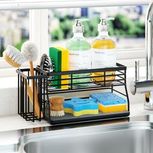 SWTYMIKI Sponge Holder for Kitchen Sink  2 Tier Rustproof Sink Caddy with Instant Drying Stone, Removable Dish Brush Holder, Stainless Steel Kitchen Caddy for Coutertop Storage Accessories