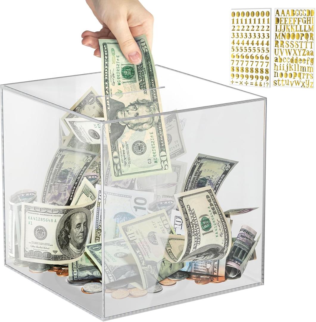 Piggy Bank for Adults Must Break to Open, Vcertcpl Acrylic Clear Piggy Bank Money Saving Box for Cash Saving, Unopenable Adults Large Bank for Real Money Bank Coin Bank Change Jar (Clear, 12x12CM)