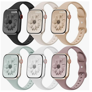 6 Pack Thin Bands Compatible with Apple Watch Band 38mm 40mm 41mm 42mm 44mm 45mm 46mm 49mm Women Men, Sport Silicone Strap Slim Wristband for iWatch Series 11 10 9 8 SE 7 6 5 4 3 2 1 Ultra Black/Starlight/Smoke Violet/Milk Tea/White/Succulent