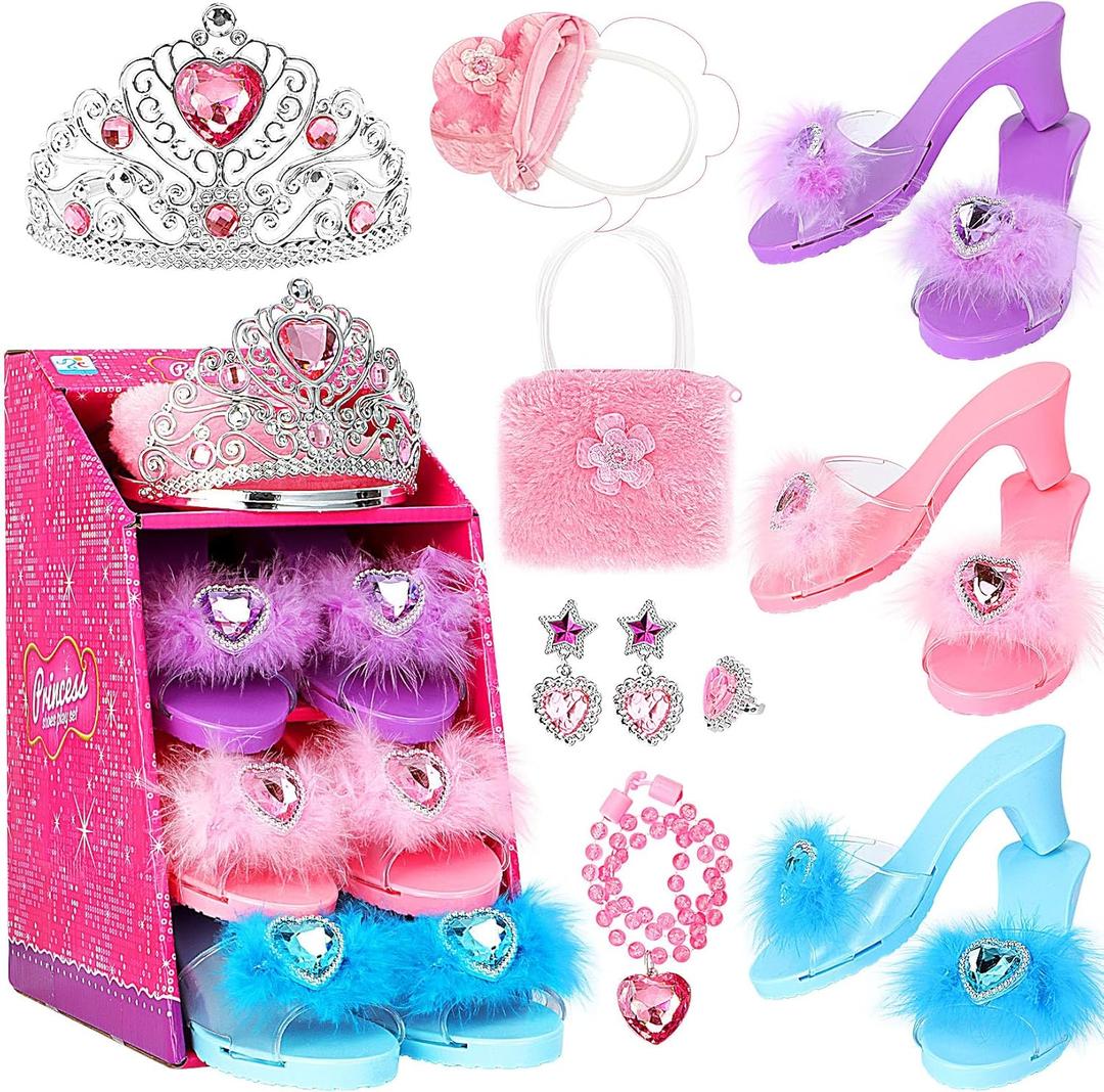 Princess Dress Up Shoes Pretend Play Jewelry Toys Set 3 Pairs of Shoes with Tiara Earrings Necklaces Ring Role Play Set for Little Girls Aged 3-6 Years Old
