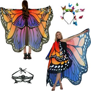 Halloween Costumes Women Adult Butterfly Costume Wings Cape with Lace Mask and butterfly Headband (75*55 inch, Double Layer Chiffon Rose Blue)