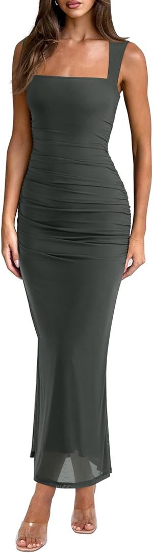 REORIA Summer Wedding Guest Maxi Dresses for Women | Sleeveless,Square Neck,Sheer Mesh,Ruched,Slim,Bodycon,Formal,Elegant Long Dress,Cocktail,Club Nightout,2026 Trendy Clothes (Green, M)