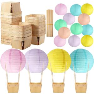 Namalu 24 Set Hot Air Balloon Centerpieces Paper Lanterns Wooden Candy Boxes with Sticks DIY Craft for Baby Shower Wedding Bachelorette Birthday Party Table Decoration(Macaron)