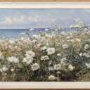 ASTRDECOR Framed Canvas Wall Art Room Decor, Vintage Landscape Wall Art for Home Decor Aesthetic Artwork, Coastal Scenery Nature White Wildflowers Oil Painting Pictures Bathroom Wall Decor 16''x24''