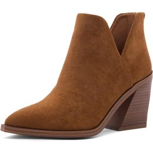 Shoe Land Mingo Women's Ankle Booties Chunky Stack Heels V Cutout Boots Pointed Toe Back Zipper Slip on Shoes (7, Tan)