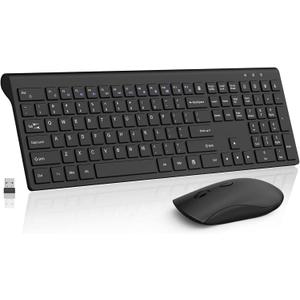 Wireless Keyboard and Mouse Combo, Silent Full-Size Computer Keyboard with Calculator Button, 2400 DPI Mice, Quiet Click, Slim Cordless USB Set for Laptop PC Windows Mac - Black