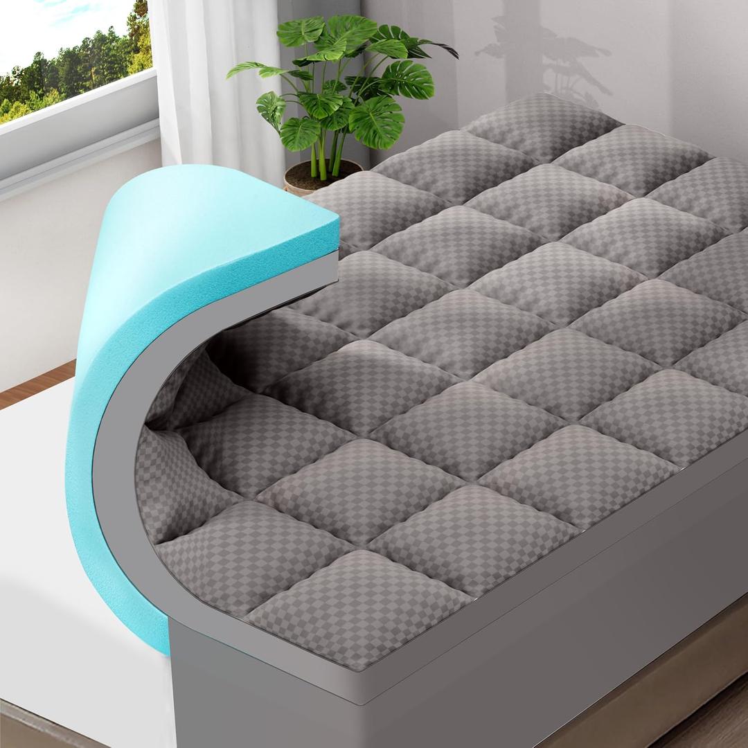 OLANLY Dual-Layer 4 Inch Cal King Size Memory Foam Mattress Topper for Back Pain, 2 Inch Cooling Pillow Top Mattress Pad Cover and 2 Inch Gel Memory Foam Topper, Deep Elastic Pocket, Light Grey, California King