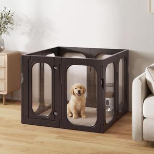 Acrylic Clear Dog Playpen Indoor with Door, 26'' H Transparent Dog Play Pen for Small Dogs, No-Connector Modular Puppy Playpen with Integrated Suction Cups Base, 8 Panels, Black