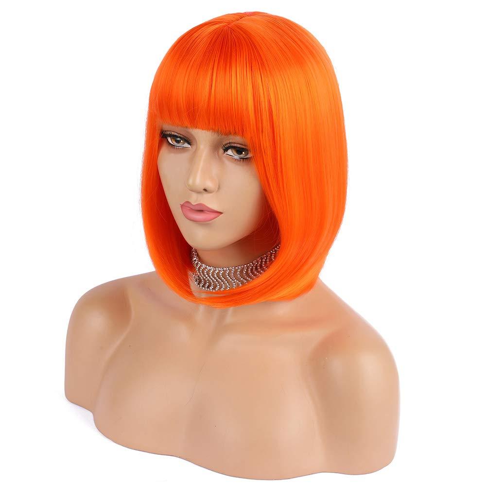 eNilecor Short Bob Hair Wigs 12" Straight with Flat Bangs Synthetic Colorful Cosplay Daily Party Wig for Women Natural As Real Hair+ Free Wig Cap (Orange)