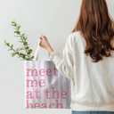 Beach Tote Bag, Summer Canvas Striped Tote Bags for Women, Meet Me At The Beach Aesthetic Shopping Bag (Pink&purple)