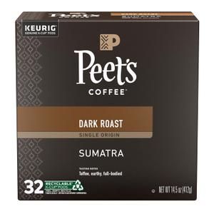 Peet's Coffee, Dark Roast Single Serve Coffee Pods - Single Origin Sumatra 32 Count (1 Box of 32 Pods) Best By: 08/01/26