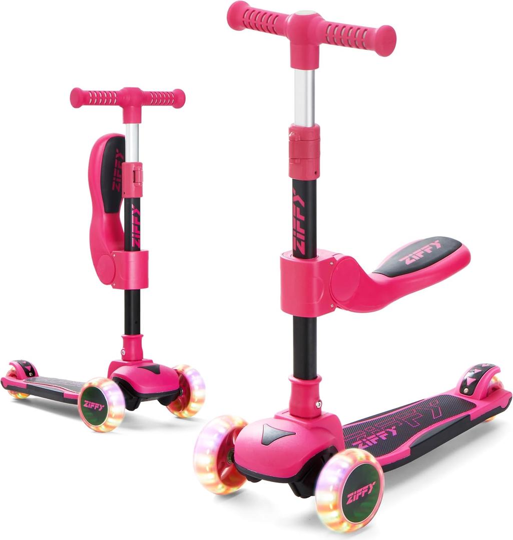 JOVA ZIFFY 2-in-1 Toddler Scooter with Seat, 3 Wheel Scooter for Kids 3-5 6-12, Foldable Light-Up Kid Scooters for Boy Girl 110 Lbs, Anti-Slip Deck, 3 Adjustable Height Handlebar, Kids Riding Toys (Red)