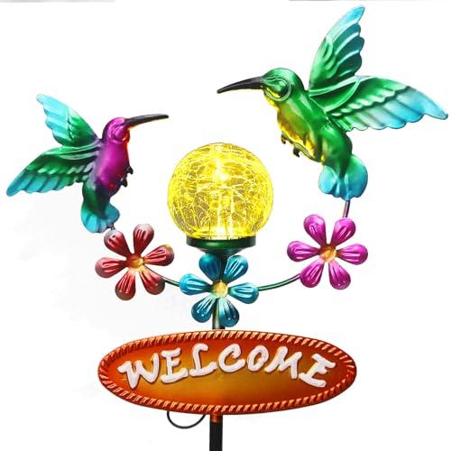 Newinhome Outdoor Solar Garden Stakes Welcome Sign, 2 Flying Hummingbirds with Cracked Glass Ball,Decorative Garden Stakes for Lawn, Patio, Hummingbird Gifts for Women