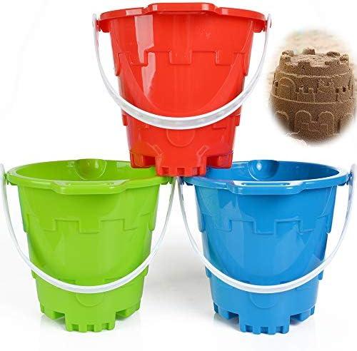 Jumbo Castle Model Beach Gear 7" Large Sand Buckets Pails Beach Water Pool Gardening Bath Toy Environmentally ABS Durable Thick Plastic Complete Gift Set Bundle For Kids Boys Girls- 3 Pack Green Blue