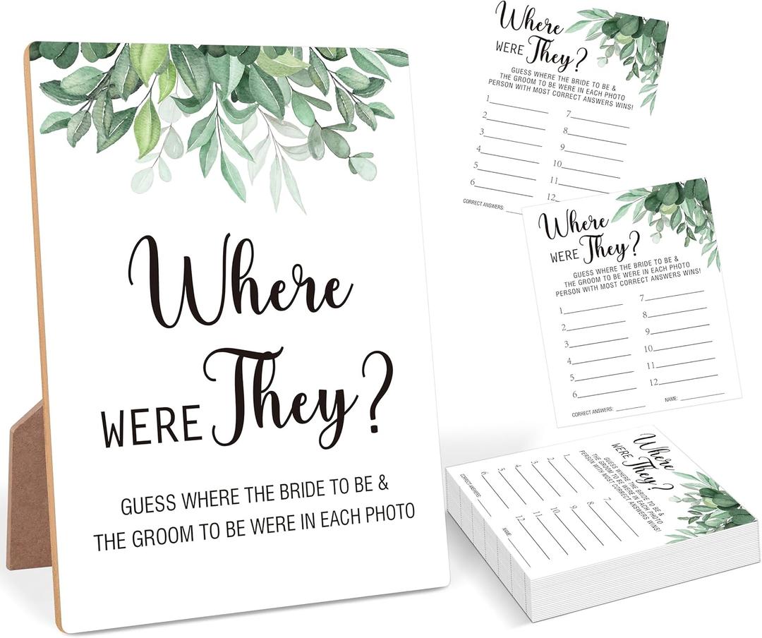 Where Were They Bridal Shower Game, Greenery Eucalyptus Bridal Shower Sign and 30 Cards, Bridal Shower Game for Wedding Reception, Engagement Party, Bachelorette Party, Bridal Shower Favor Supplies,17