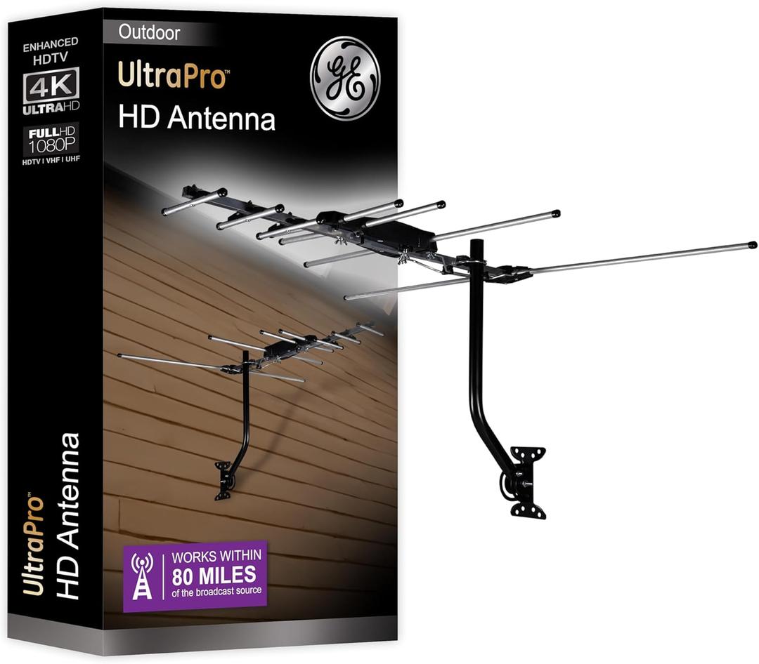 GE Outdoor HD Digital TV Antenna, Long Range OTA HDTV Antenna, Yagi Style Design, Supports 4K 1080P HD Smart TV VHF UHF, J Mount Included for Attic or Outdoor, Weather Resistant, 33685