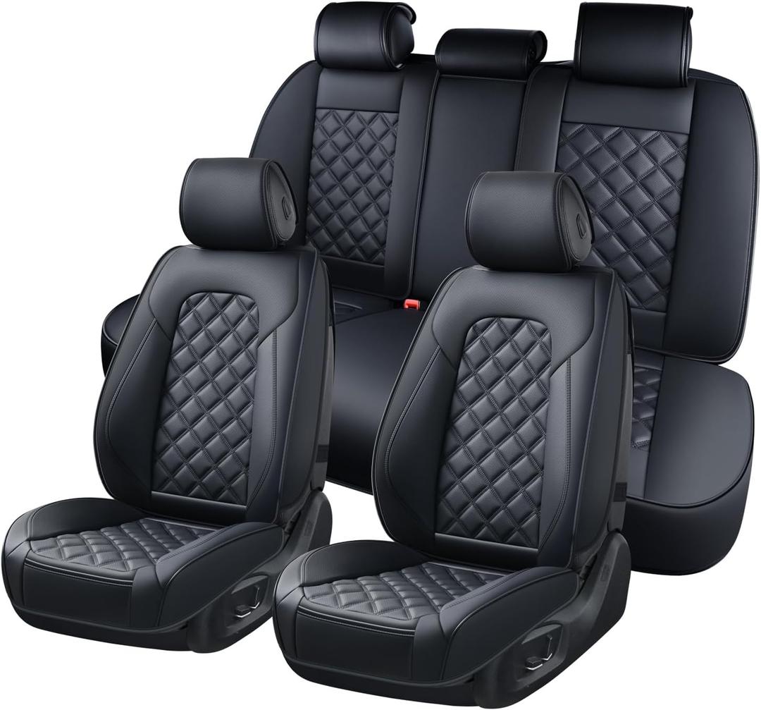 Leather Seat Covers Full Set Universal Fit for Honda Civic Accord CRV Toyota Camry Prius Rav4 Corolla Kia Lexus Nissan Mazda Jeep Cherokee and Most Cars, Waterproof Car Seat Cover Seat Protector Black