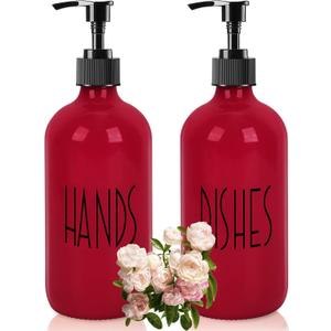 Dish Soap Dispenser for Kitchen - 16 OZ Glass Hand Soap Dispenser Set - Kitchen Bathroom Decor and Accessories (Red)