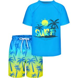 Boys Two Piece Rash Guard Swimsuits Sets Kids Short Sleeve Swimsuits Bathing Suit with Swim Trunks Swimwear Set (12-14 Years, Yellow & Blue)