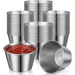 Potchen 100 Pcs 2.5oz Metal Ramekins Sauce Cups Bulk Stainless Steel Condiment Cups Round Dipping Bowls Small Reusable Sauce Container Individual Portion Cup for Butter Dressing Restaurant Kitchen BBQ