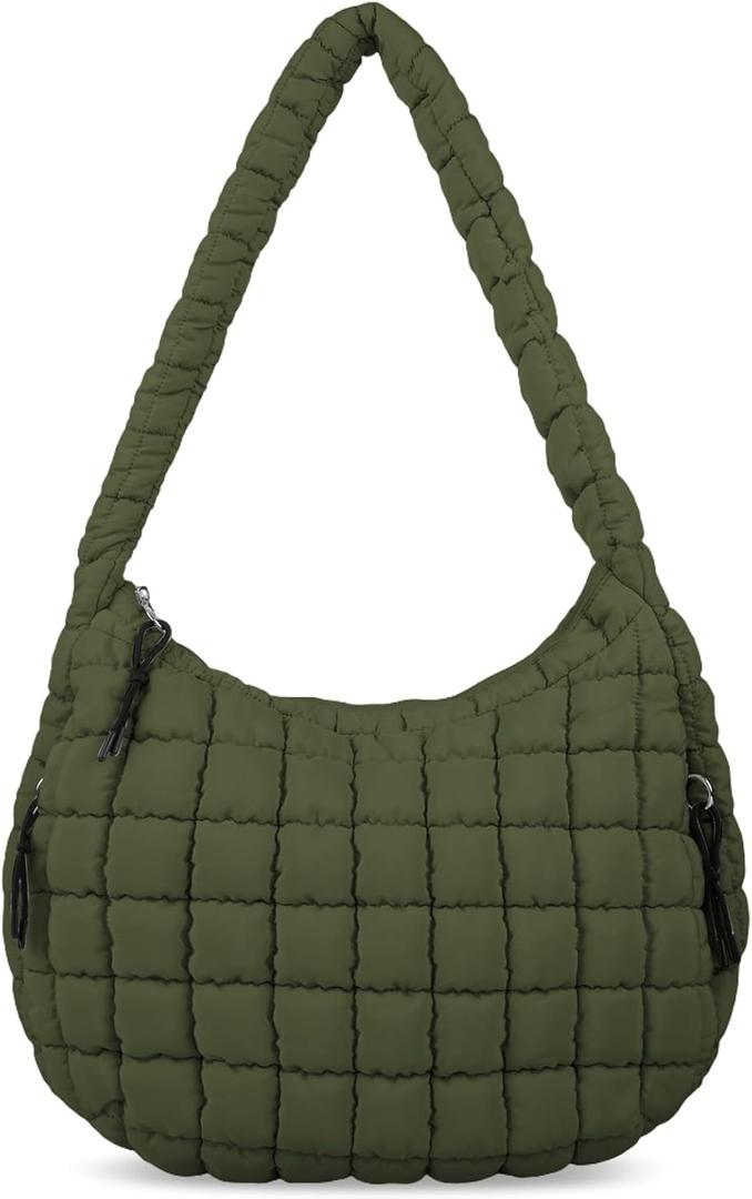 Quilted Puffer Tote Bag for Women - Large Crossbody Bag, Lightweight Nylon Puffy Carryall Hobo Puff Shoulder Bag (Medium, Dark Green)