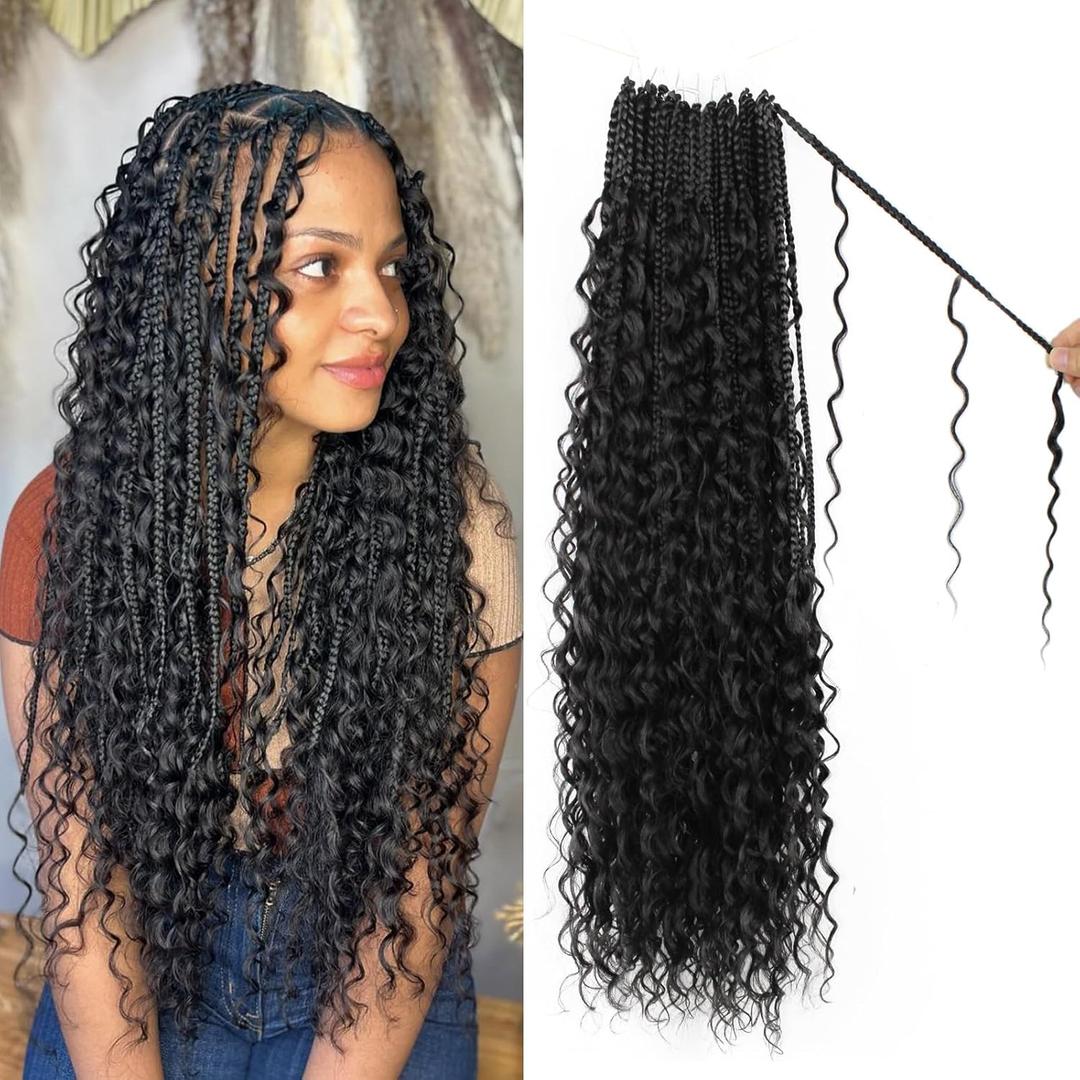 Boho Crochet Braids Pure Protein Fiber Close to Human Hair 18 Inch Goddess Box Braids with Soft Curls Bohemian Braids Crochet Hair for Black Women (18Inch 1B)