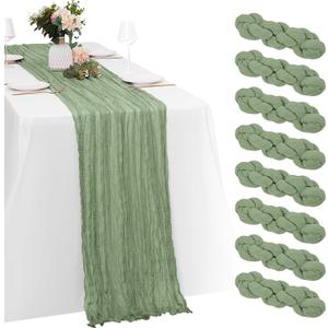 8 Pack Sage Green Cheesecloth Table Runner 20 x 120 inch Gauze Table Runners 10 FT Long,Semi Sheer Boho Cheese Cloth Fabric Table Runner Bulk for Wedding,Party,Baby Shower,Bridal Shower Decoration