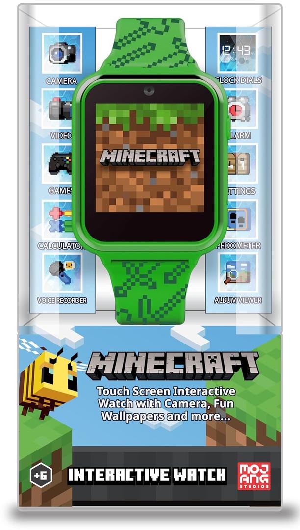 Minecraft Kids Smart Watch  Touchscreen Interactive Watch with 10 Customizable Clock Faces, Built-in Camera, Video Recorder, Alarm, Calculator, Games & Pedometer  Fits Wrists 5.5" to 8"
