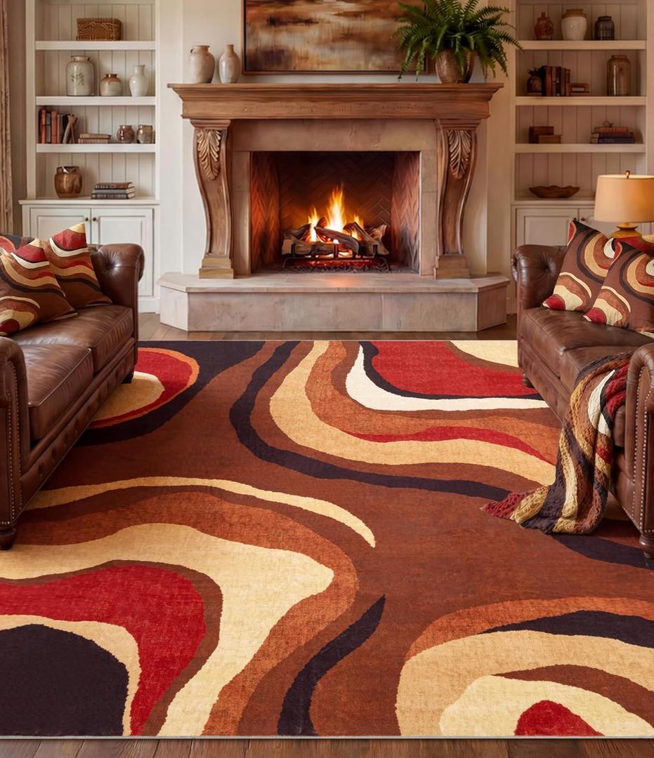 YIHOUSE Burnt Orange Rug 8x10 Washable,Alfombras para Salas,Farmhouse Brown Retro Carpets,Geometric Abstract Wavy Rug for Living Room,Unique Colorful Rugs for Bedroom,Dining Room