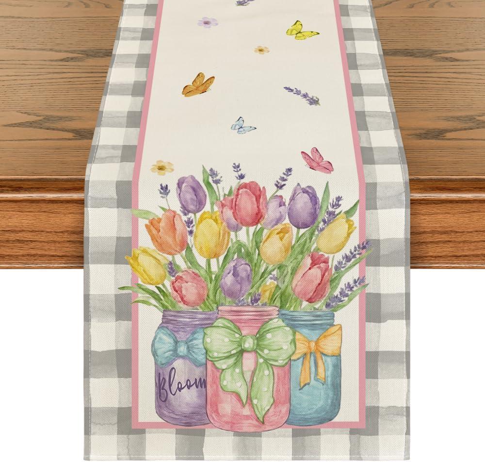 Artoid Mode Buffalo Plaid Vase Lavender Tulip Spring Table Runner, Seasonal Kitchen Dining Table Decoration for Home Party Decor 13x72 Inch