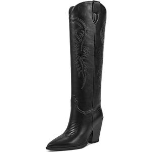 ISNOM Women's Cowgirl Boots Pull On Knee High Boots, Cowboy Western Embroidered Chunky Block Heel Pointed Toes Boots 7