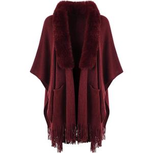 Ferand Shawl Wraps for Women, Cozy Lightweight Poncho Cape with Pockets, Warm for Fall Winter Travel (One Size, Dark Red With Faux Fur Collar)