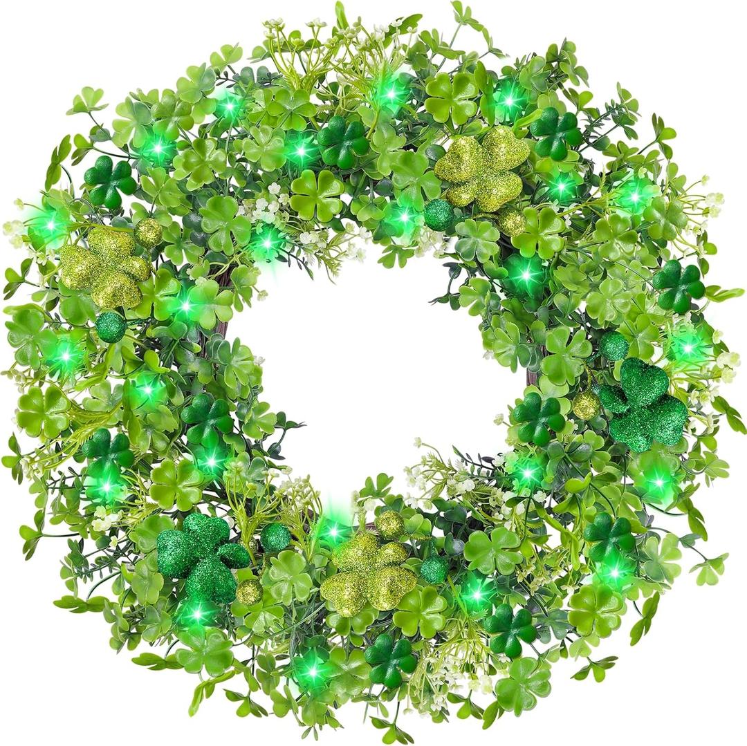 Thick & Timer - St Patricks Day Decorations, 18 Inch St Patricks Day Shamrock Wreaths for Front Door with 20 Green Lights Glitter Clover Berries Spring Wreath Irish St. Patrick's Day Door Decorations
