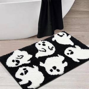 Estmy Cute Black Ghost Bath Mat Non Slip Washable 16x24 Spooky Funny Vintage Halloween Bath Rug Bathroom Decor, Soft Shaggy Microfiber Gothic Spirit Fall Halloween Bathroom Shower Floor Mat