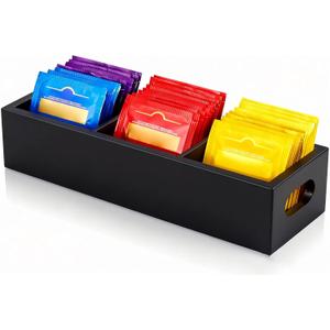 Krismax Wooden Tea Box Holder with 3 Slots, Divided Storage Container for Beverage Supplies, Sugar, Sweeteners, Individual Packets (Black)