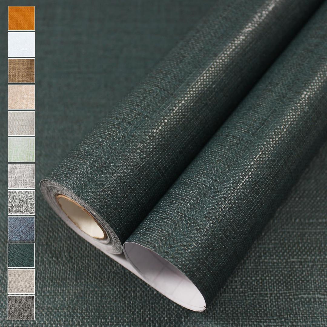 WADILE Grasscloth Peel and Stick Wallpaper 15.7in x 78.7in, Textured Contact Paper for Cabinets, Faux Linen Wall Paper Pull and Stick, Fabric Vinyl Wallpaper Self Adhesive Blackish Green