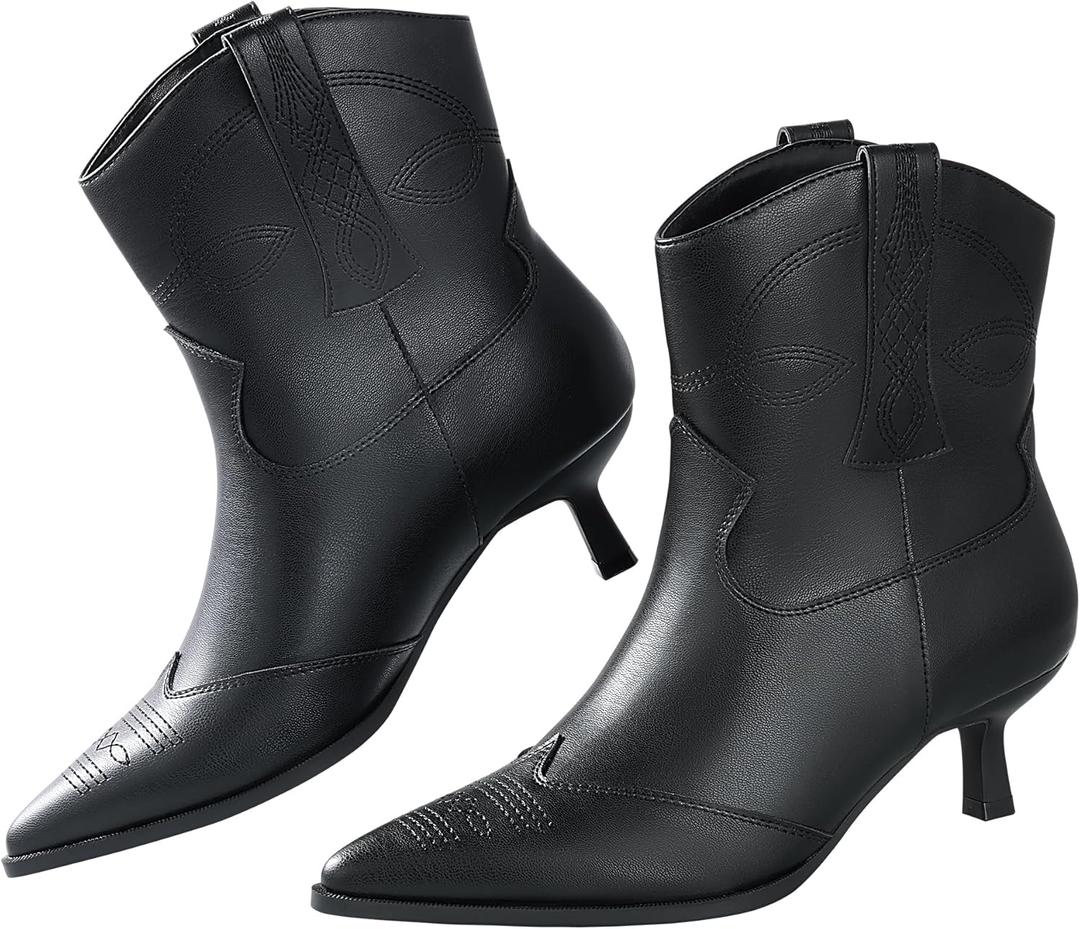 Kitten Heel Ankle Boots for Women Cowgirl Boots Womens Cowboy Booties Pointed Toe Dress Western Short Shoes (7, Black)