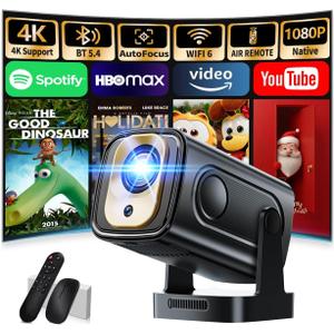 Projector [Auto Focus & Native 1080P & Built-in Apps] Mini Portable Projector 1080P, 4K Full HD with WiFi 6 & Bluetooth 5.4, Auto Focus & Keystone, 270 Rotatable, Compatible with Phone/HDMI/USB,Black