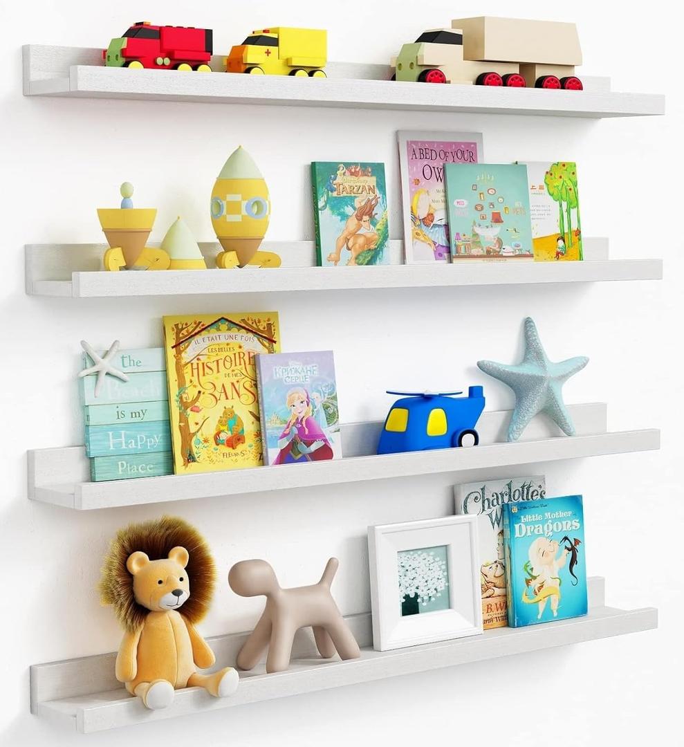 Forbena 36 Inch Floating Shelves for Wall 4-Pack, Large Nursery Book Shelves Bookshelf for Kids Bedroom, Long Picture Ledge Shelf with Lip for Living Room Photo Frames Art Display (White Solid Wood)