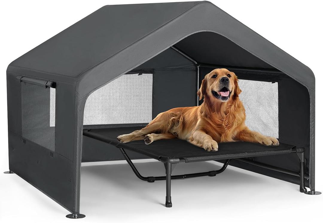 Veehoo Extra Large Dog House Outdoor with Elevated Dog Bed, Outside Dog Tent 4.1' x 4.1' x 3.3', Weatherproof Dog Shade Shelter and Raised Bed Combo for Pets or Stray Animals, Grey