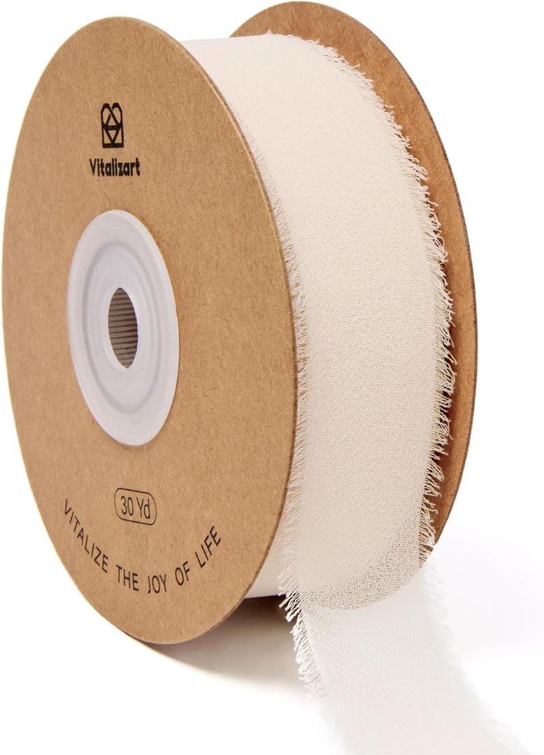 Vitalizart 1" x 30 Yd Chiffon Ribbon Light Nude Silk Like Handmade Fringe Fabric Ribbons for Wedding Invitations Bridal Bouquets Party Decoration Gift Wrapping Bow Making