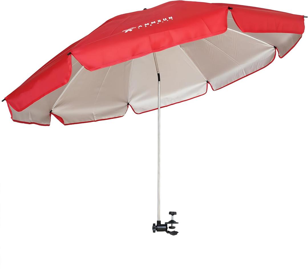 AMMSUN XL Chair Umbrella with Universal Clamp Adjustable 52 inches and 360-degree Swivel UPF 50+, Portable Clamp on Camping or Beach Chair, Stroller, Wheelchair, Golf cart, Red, Large-sized