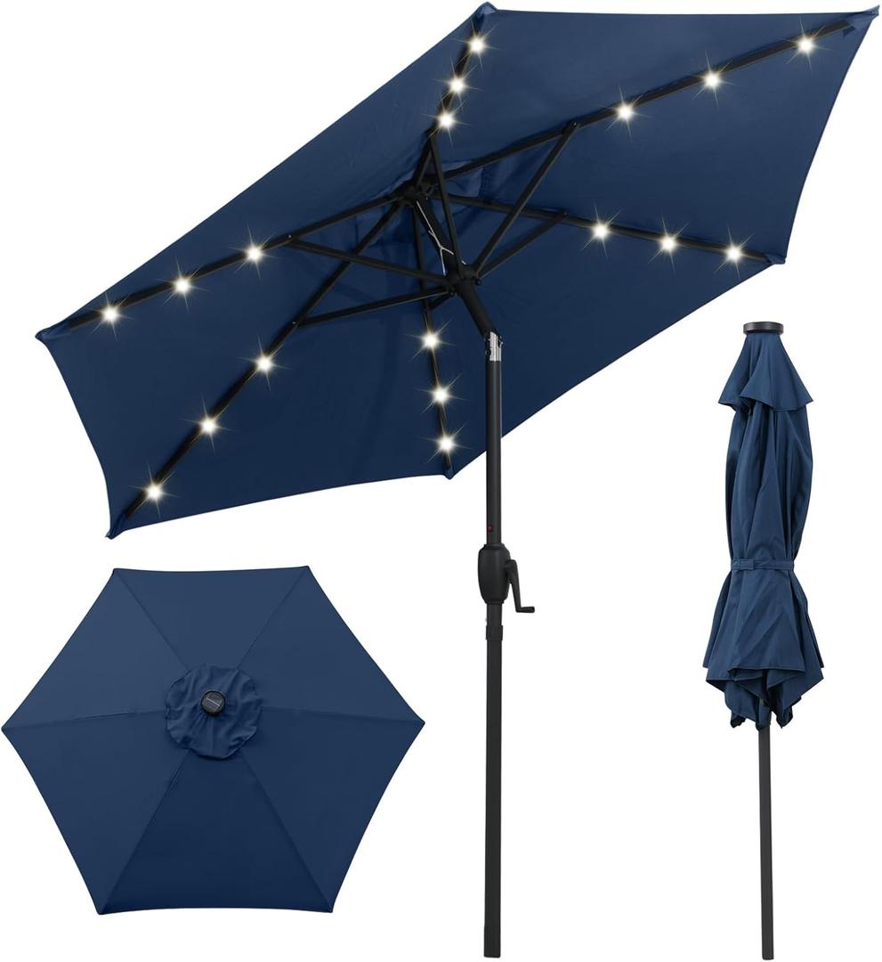 7.5ft Outdoor Umbrella Patio Umbrella with Solar Lights,18 LED Lighted Table Market Outdoor Umbrella, 2-Year-Non-Fading, for Pool, Deck, Garden,Backyard, Navy Blue
