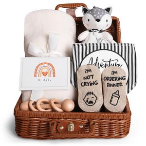 Baby Shower Gifts, Baby Gifts for Girls Boys, Unique Baby Gifts Basket Essentials Stuffs - Baby Lovey Blanket Newborn Bibs Socks Wooden Rattle & Greeting Card, Newborn Baby Gift Set (Rattan Baby Gifts (Neutral White))