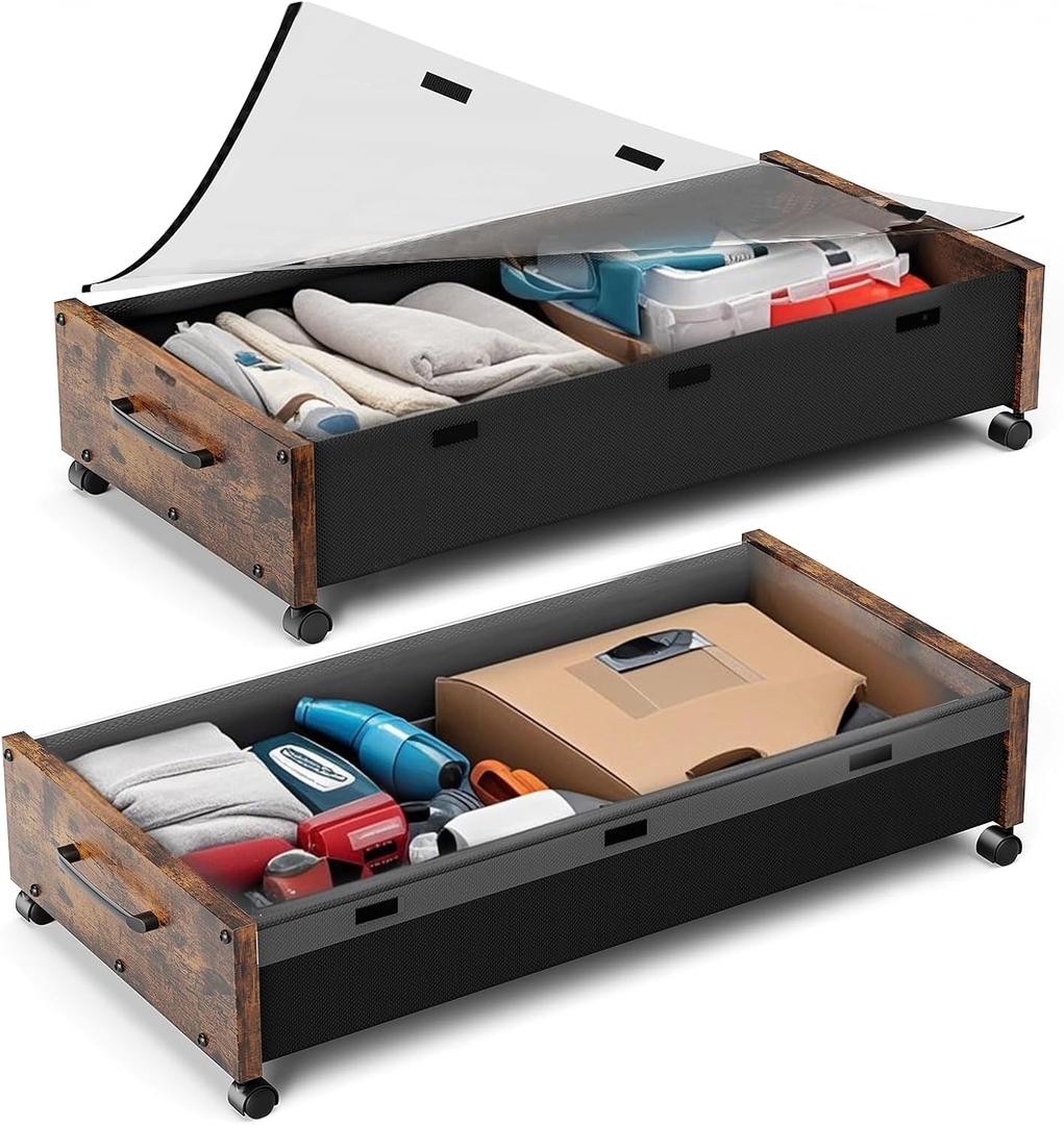 Under Bed Storage with Wheels, 2 Packs Wooden Storage Containers Extra Large Underbed Shoes Organizer, Rolling Under Bed Storage Drawers with Clear Lid, Heavy Duty for Clothes Toys 36"L (Vintage)