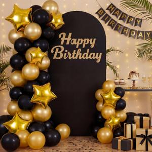 Black Gold Birthday Decorations Happy Birthday Arch Backdrop Cover 6.6ft Spandex Stretchy Black Arch Cover for Reusable Backdrop Sign for Baby Shower Girls Boys Women Men