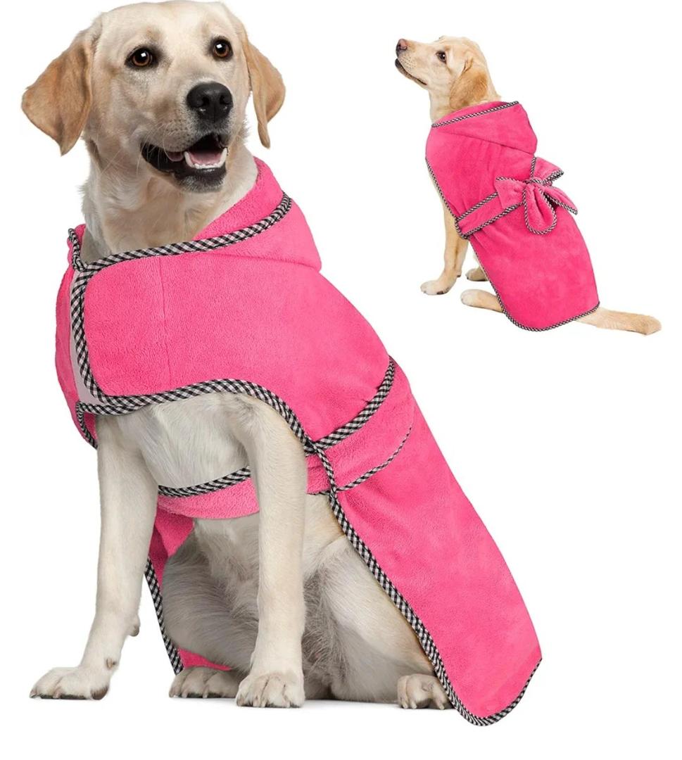 Dog Bathrobe with Hood - Super Absorbent Quick Drying Microfiber Pet Towel Dog Robe for After Bath (Rose red, Large)