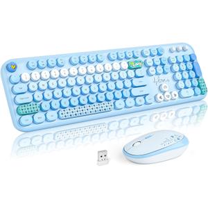 MOFII Wireless Keyboard and Mouse Combo, Cute Retro Typewriter Keyboard and Silent Mouse, 2.4GHz Full Size Computer Keyboard Wireless Mouse Set for PC, Laptop, Desktop, Windows (Blue Colorful)